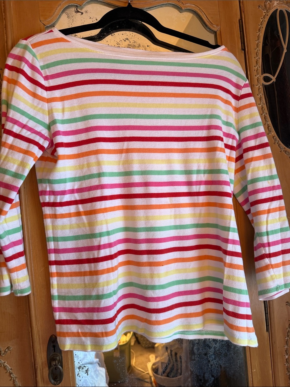 Woman’s White Multi-Stripe Tee light for summer Darling boat neck. Looks great